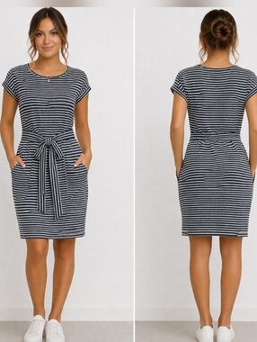 MEROKEETY Navy White Striped Stretch Tie Waist Pocket Dress M